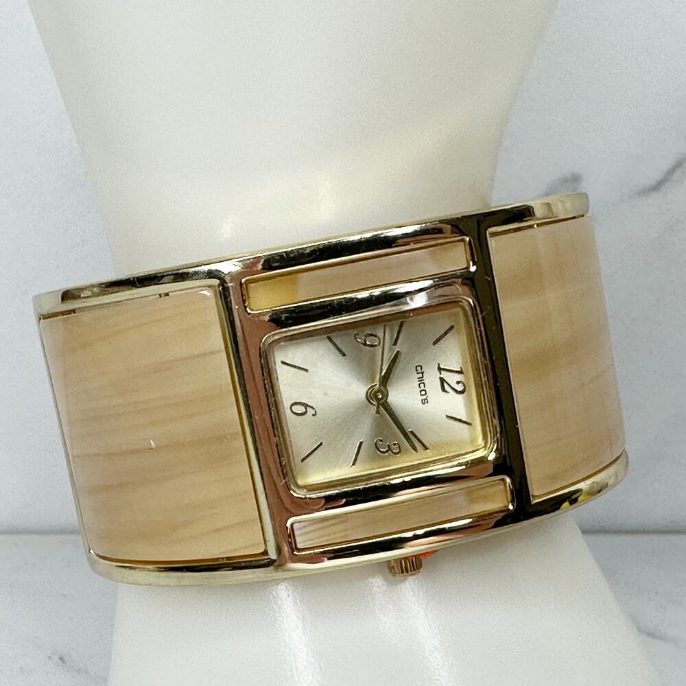 Chico's Ginger Cream Panel Cuff Watch Gold Tone NWT w/ Defects Working ✨